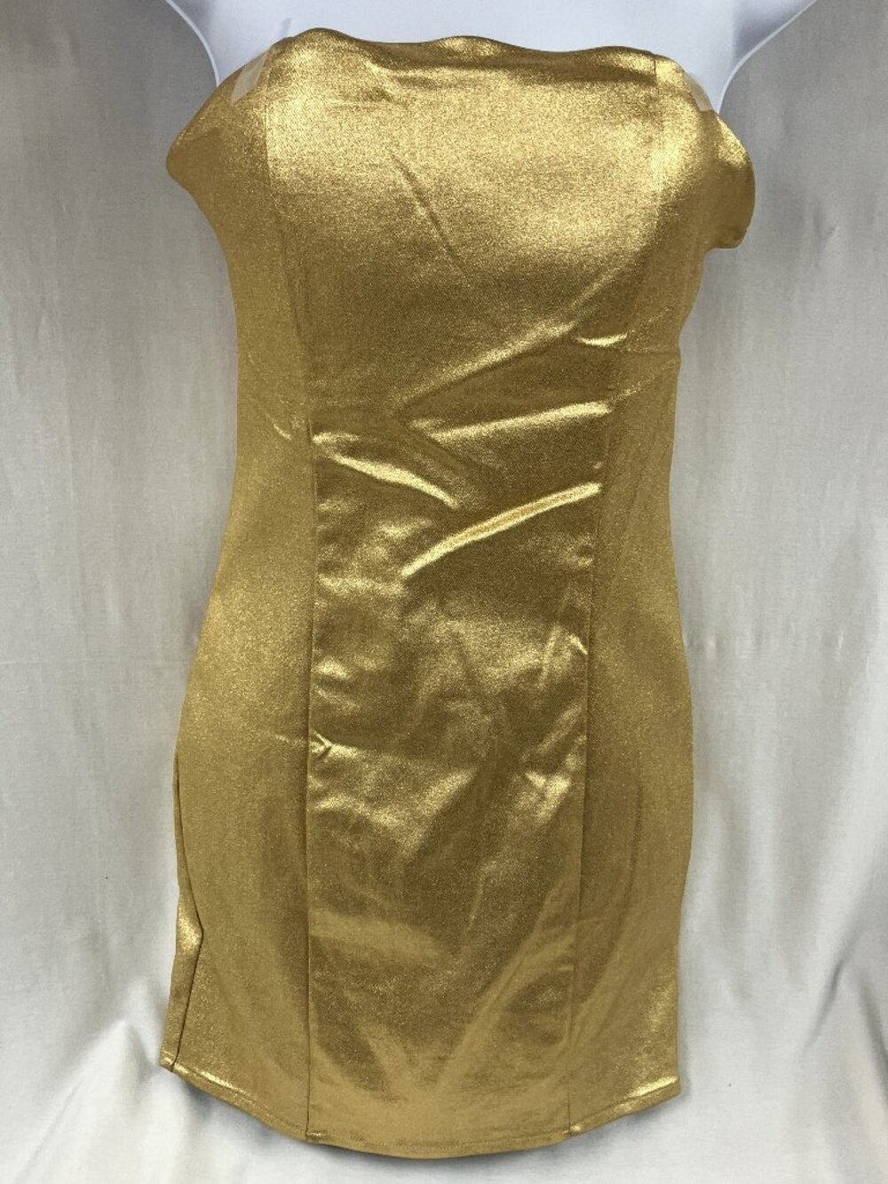 Fashion Nova Strapless Gold Metallic Dream Lame Mini Dress - Size Large
